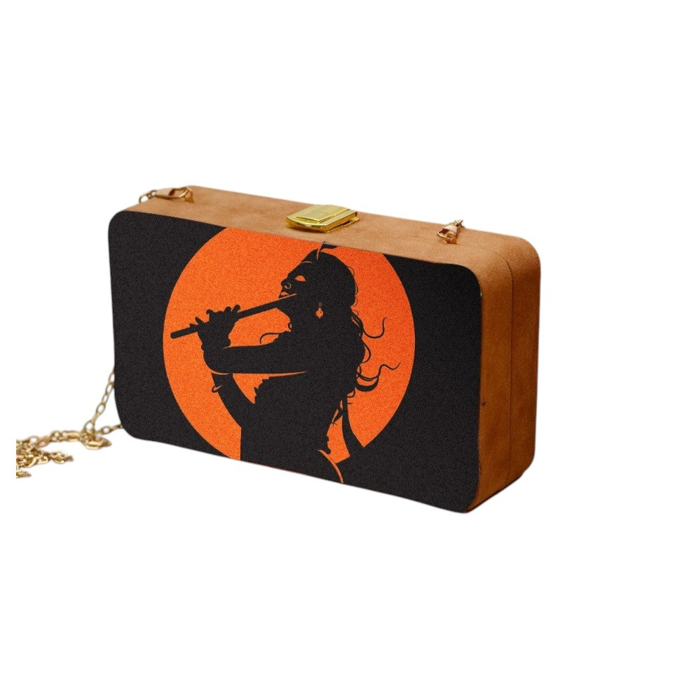 Indian Ethnic Designer Black & Orange Wooden Clutch with Portrait of Lord Krishna with Bansuri in Hand