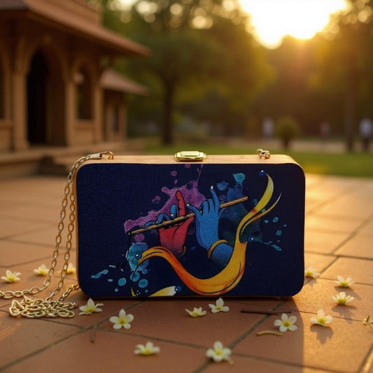 Indian Ethnic Designer Navy Blue Wooden Clutch with Bansuri in Hand Portrait
