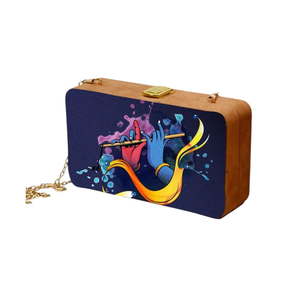 Indian Ethnic Designer Navy Blue Wooden Clutch with Bansuri in Hand Portrait