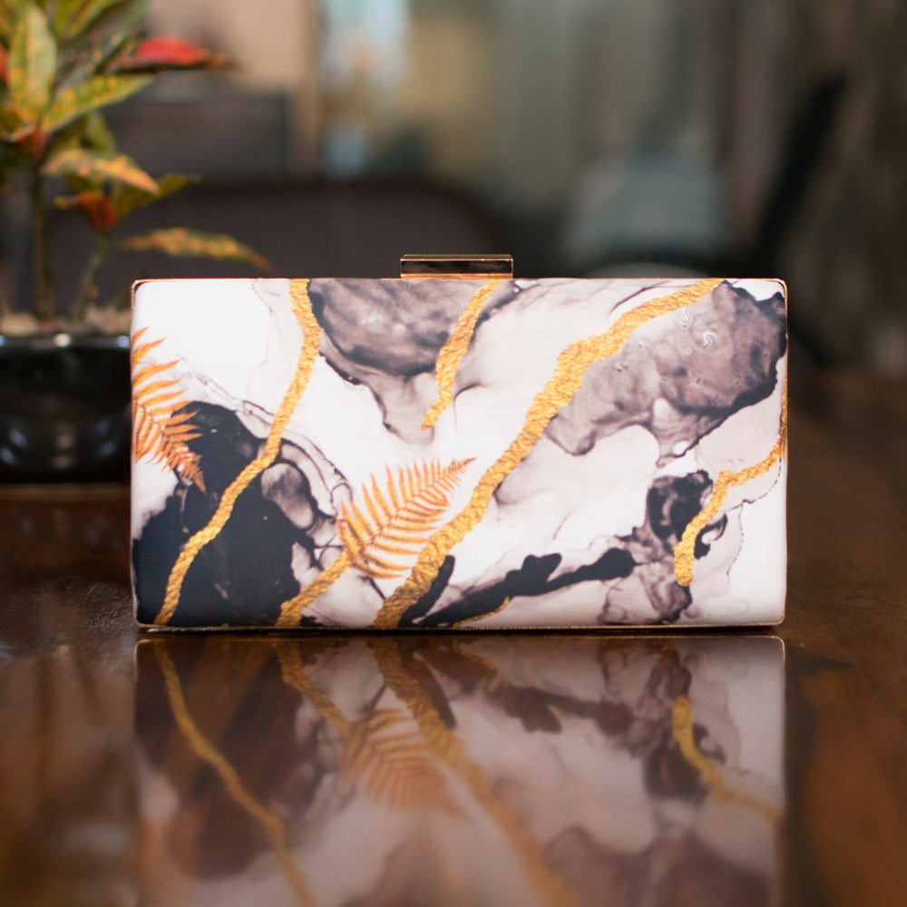 Indian Ethnic Designer White, Gold & Black Marble Print