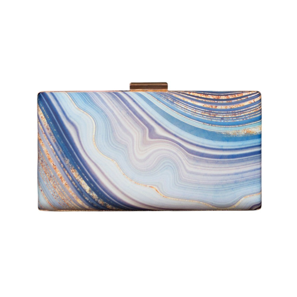 Indian Ethnic Designer Blue, White & Golden Marble Print Clutch