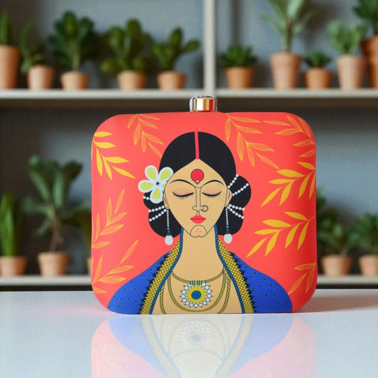 Indian Ethnic Designer Clutch with Lady Portrait with Bindi, Sindoor & Nose-pin