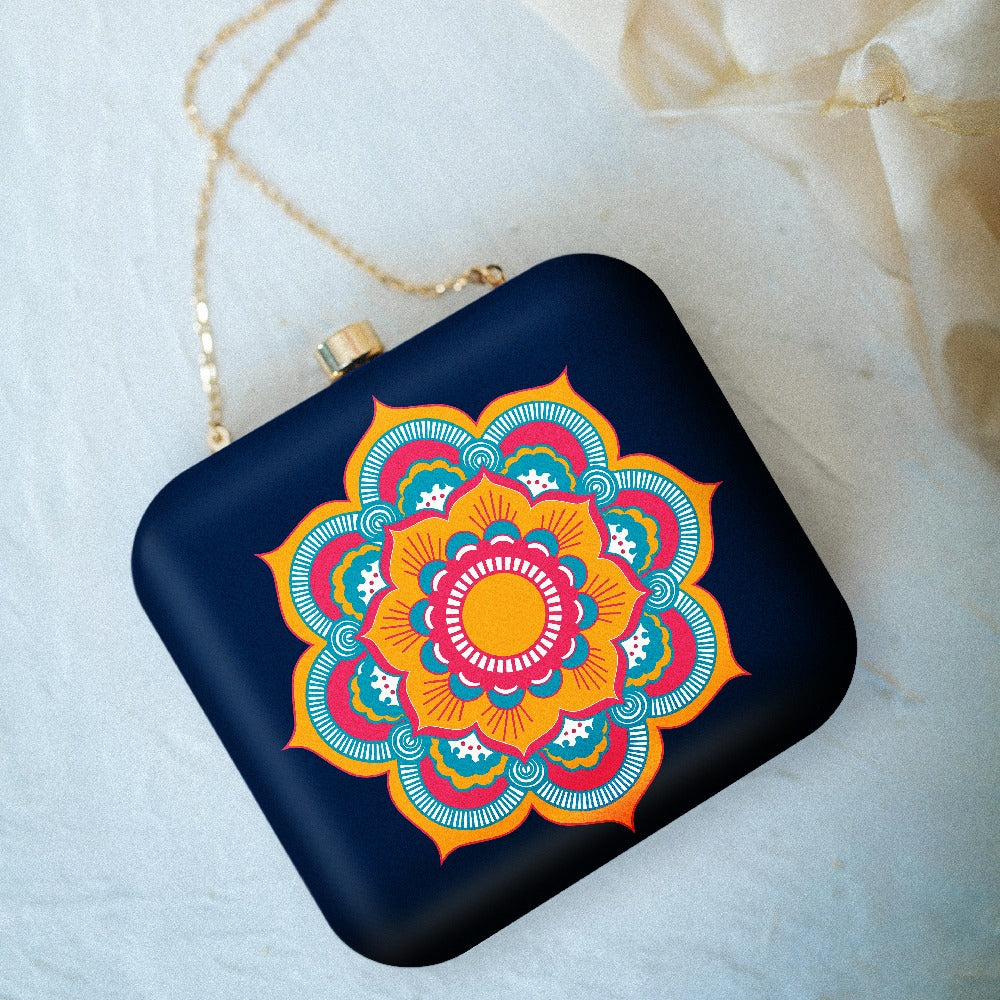 Indian Ethnic Designer Navy Blue Clutch with Orange & Blue Design