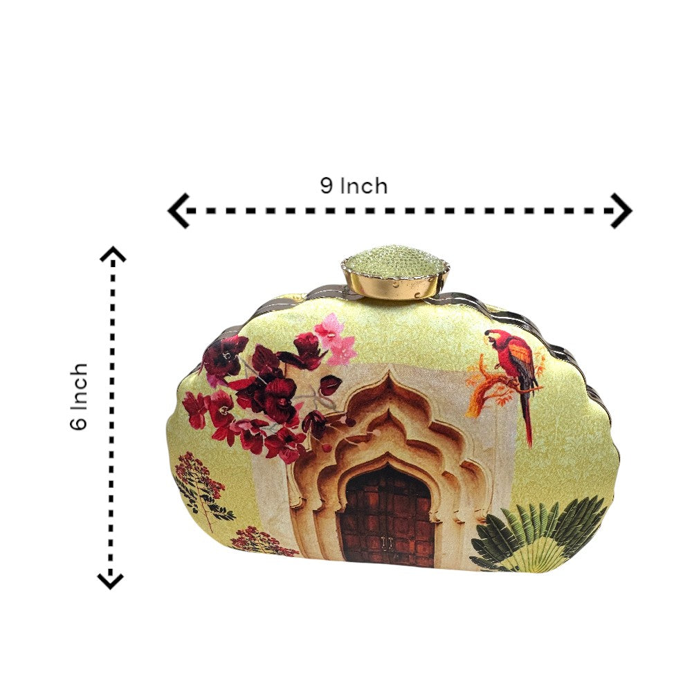 Indian Ethnic Designer Yellow Clutch with Door Print & Unique Shape