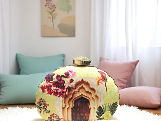 Indian Ethnic Designer Yellow Clutch with Door Print & Unique Shape