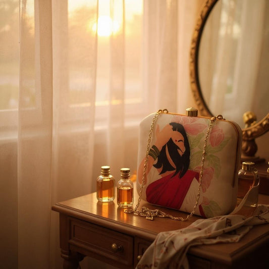 Indian Ethnic Designer Beige Clutch with Portrait of Women with Pink Saree