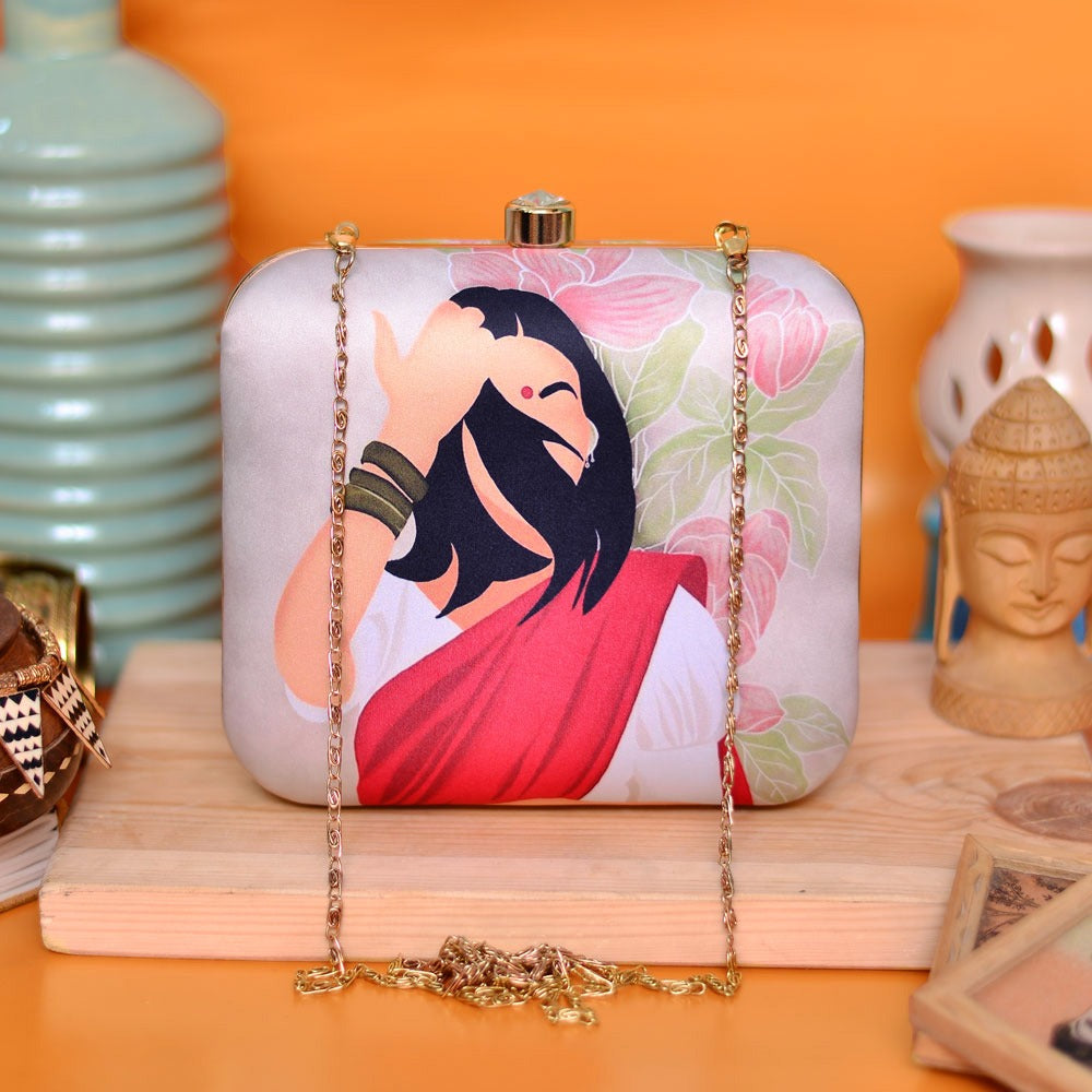 Indian Ethnic Designer Beige Clutch with Portrait of Women with Pink Saree