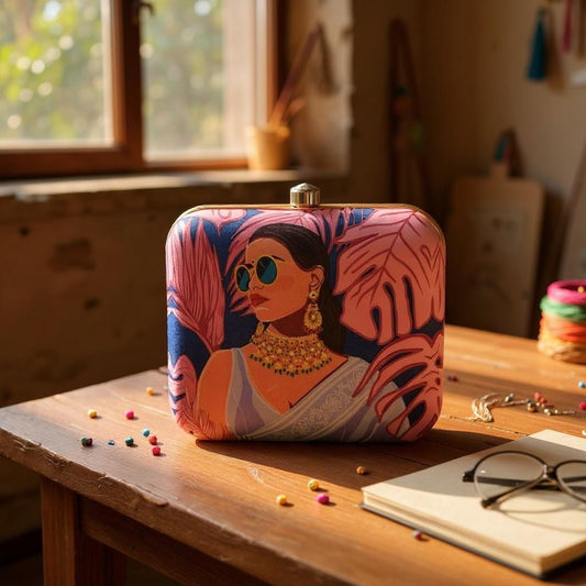 Indian Ethnic Designer Lavender Clutch with Women Portrait Wearing Sunglasses