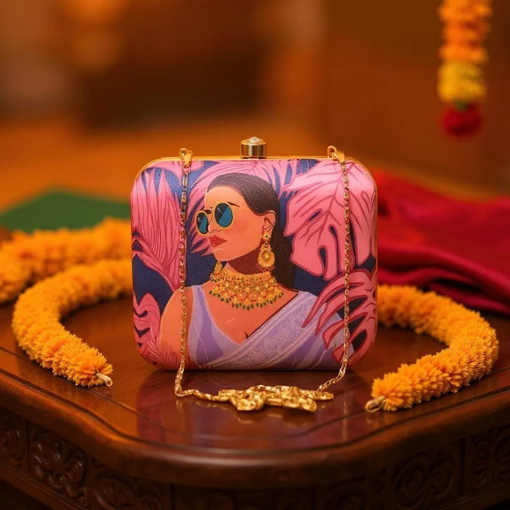 Indian Ethnic Designer Lavender Clutch with Women Portrait Wearing Goggles