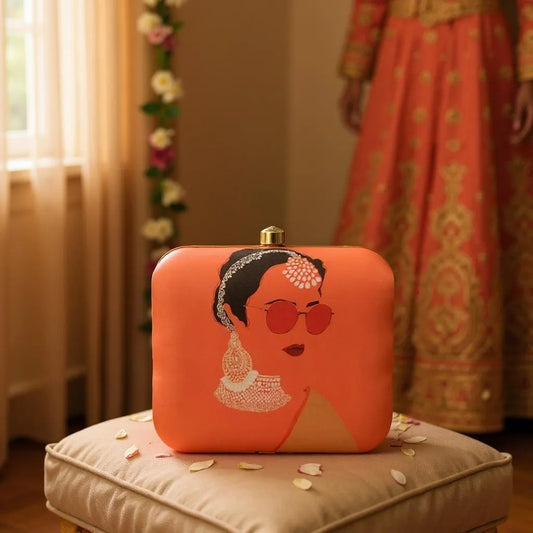 Indian Ethnic Designer Orange Clutch with Women Portrait Wearing Goggles