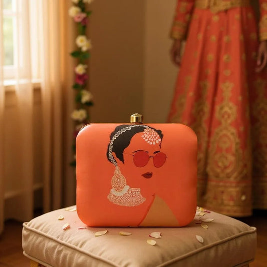 Indian Ethnic Designer Orange Clutch with Women Portrait Wearing Goggles