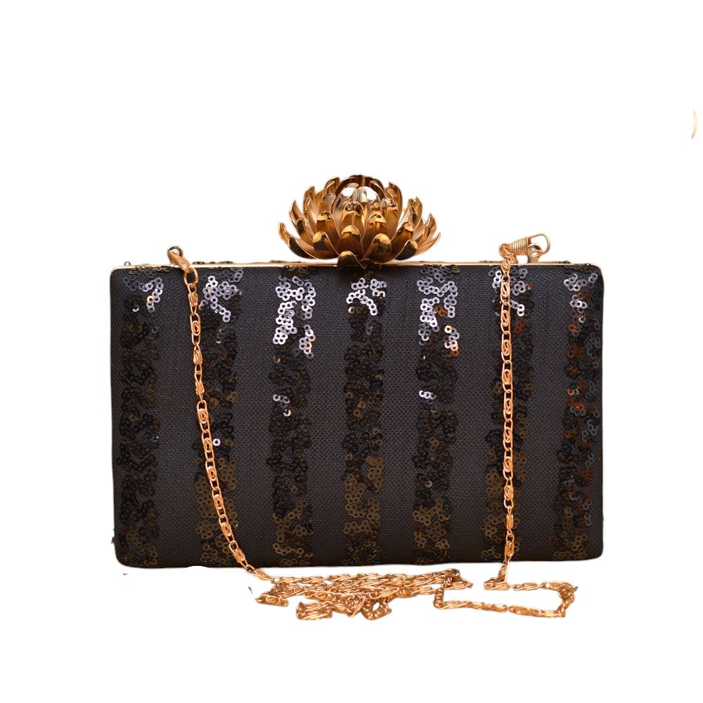Indian Ethnic Designer Black Clutch with Sequence Stripes