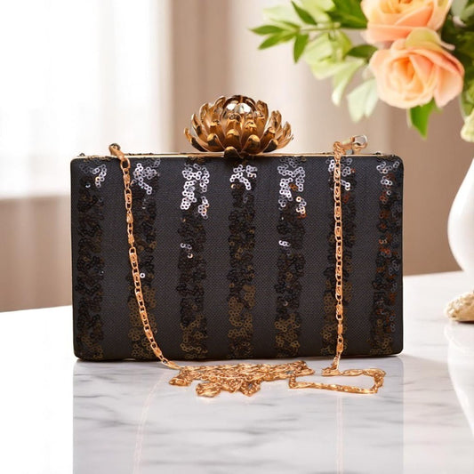 Indian Ethnic Designer Black Clutch with Sequence Stripes
