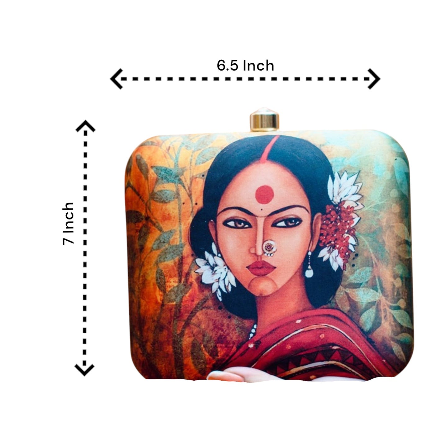 Indian Ethnic Designer Green Leafy Clutch with Portrait of Women Wearing Gajra & Bindi