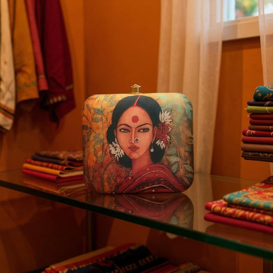 Indian Ethnic Designer Green Leafy Clutch with Portrait of Women Wearing Gajra & Bindi