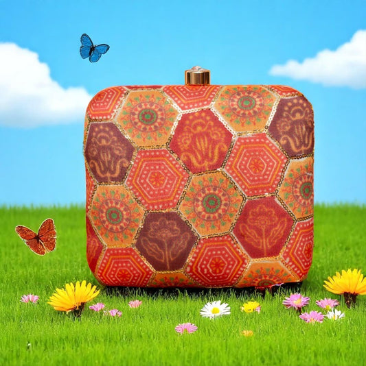 Indian Ethnic Designer Red Clutch with Bandhani Patch Work