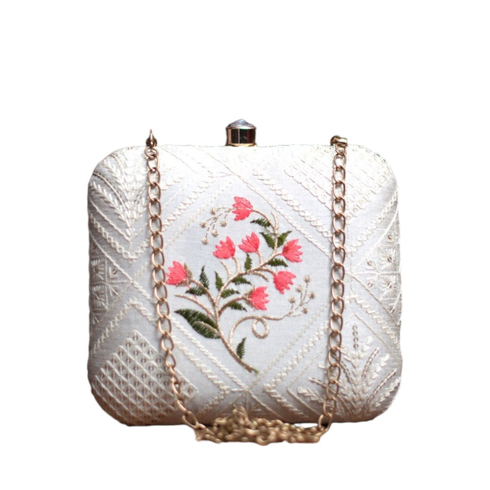 Exclusive White Chikankari Box Clutch with Pink Flower
