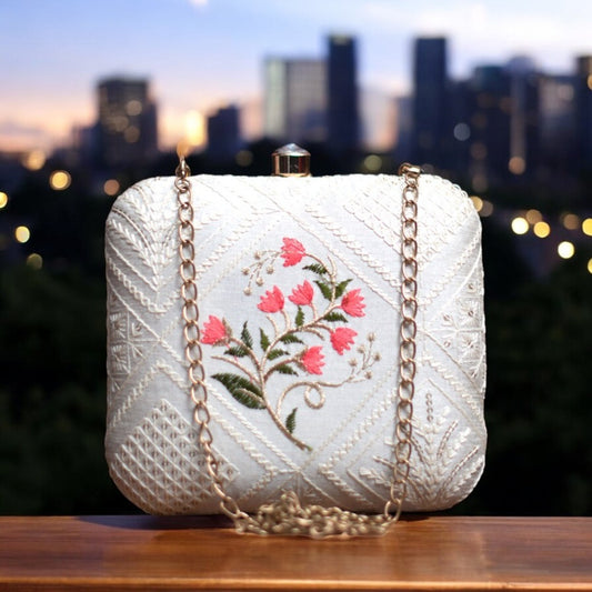 Exclusive White Chikankari Box Clutch with Pink Flower
