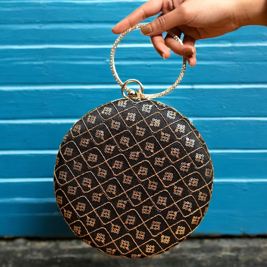 Exclusive Black Round Clutch with Golden Work