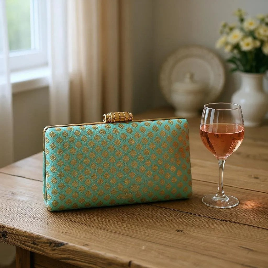 Indian Ethnic Designer Sea Green Zari Work Clutch