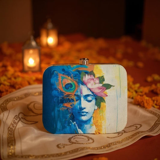 Indian Ethnic Designer Blue & Ivory Clutch with Krishna Portrait