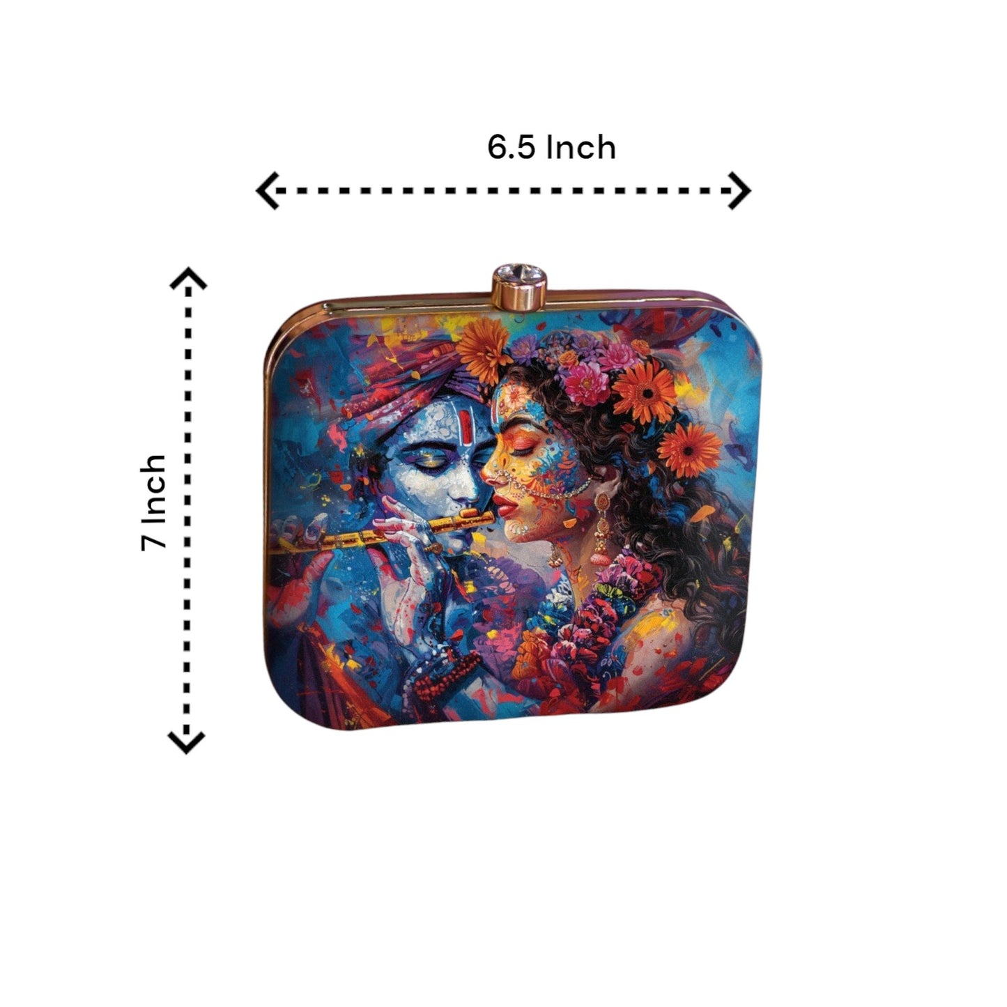 Indian Ethnic Designer Blue Clutch with Radha Krishna Portrait