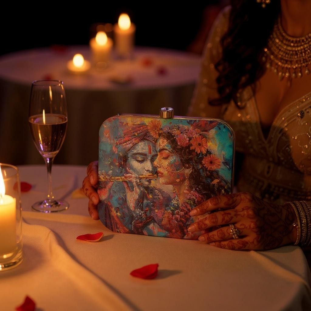 Indian Ethnic Designer Blue Clutch with Radha Krishna Portrait