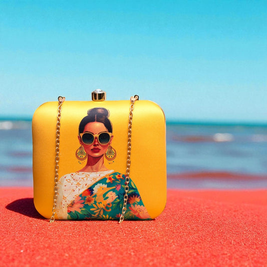 Indian Ethnic Designer Clutch with Lady Portrait Wearing Sunglasses & Jumkas