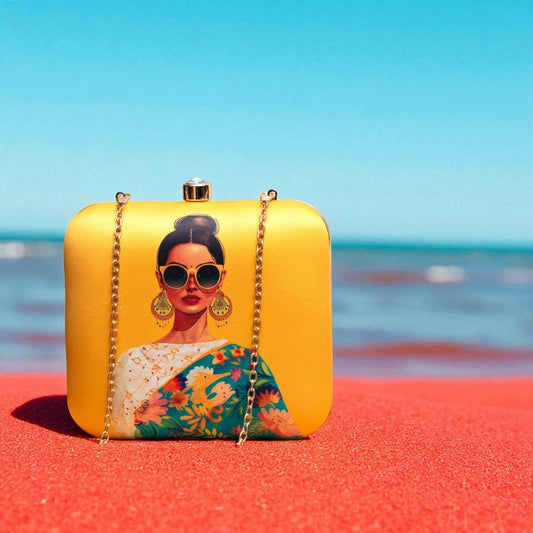Indian Ethnic Designer Clutch with Lady Portrait Wearing Sunglasses & Jumkas