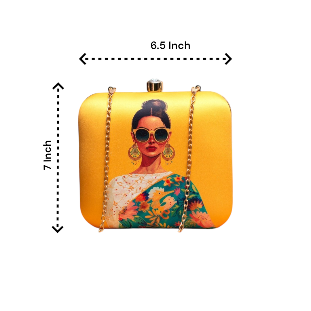 Indian Ethnic Designer Clutch with Lady Portrait Wearing Sunglasses & Jumkas