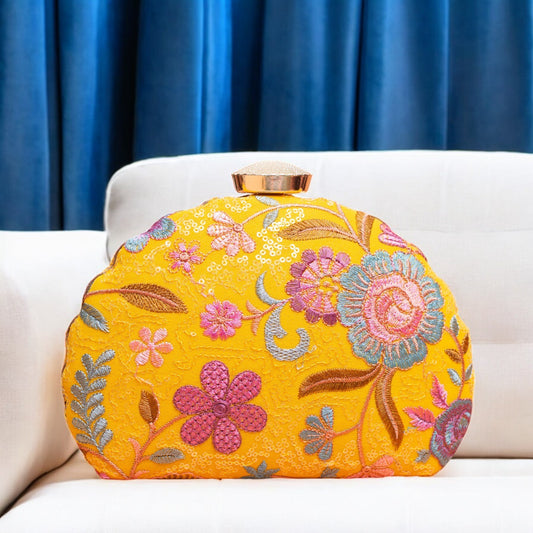 Exclusive Yellow Clutch with Floral Embroidery