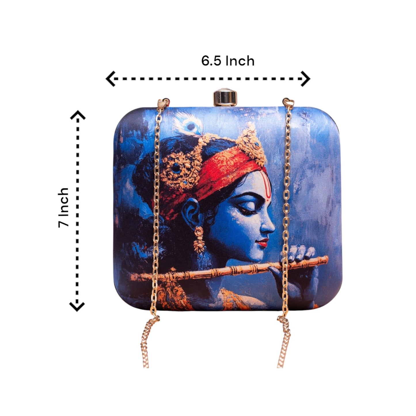 Indian Ethnic Designer Blue Clutch with Krishna with Bansuri Portrait