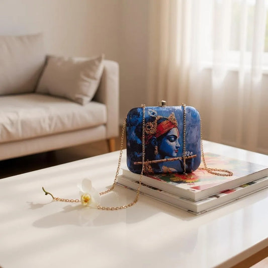 Indian Ethnic Designer Blue Clutch with Krishna with Bansuri Portrait