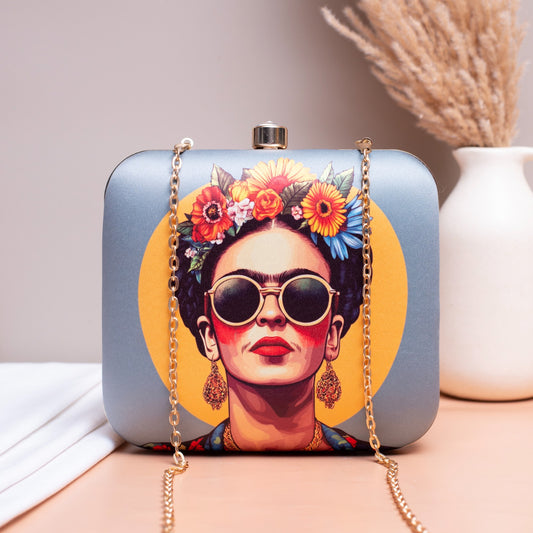 Indian Ethnic Designer Clutch with Lady Portrait Wearing Goggles & Floral Crown