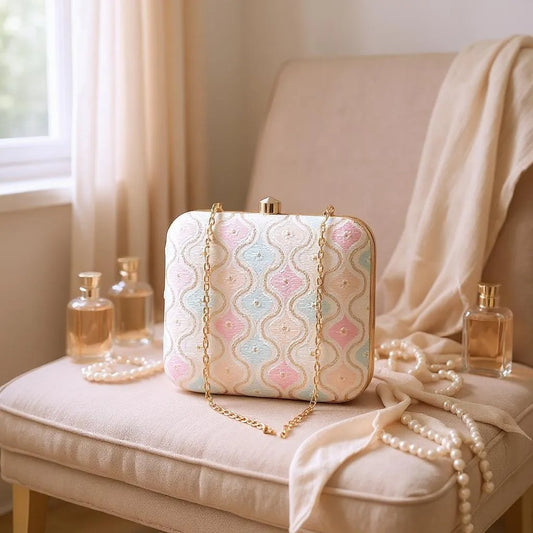 Indian Ethnic Designer White Chikankari Clutch with Wave Design