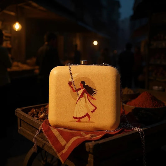 Indian Ethnic Designer Ivory Clutch with Portrait of Women with Dhunuchi