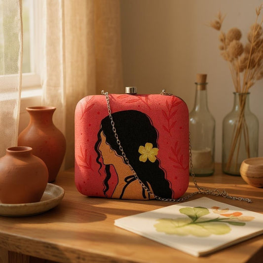 Indian Ethnic Designer Red Clutch with Portrait of Women with Curly Hair