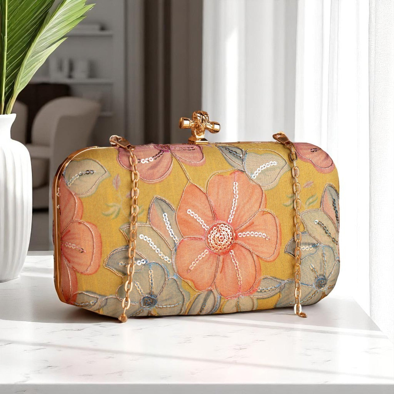 Indian Ethnic Designer Clutch with Ethnic Embroidery of Flower Design
