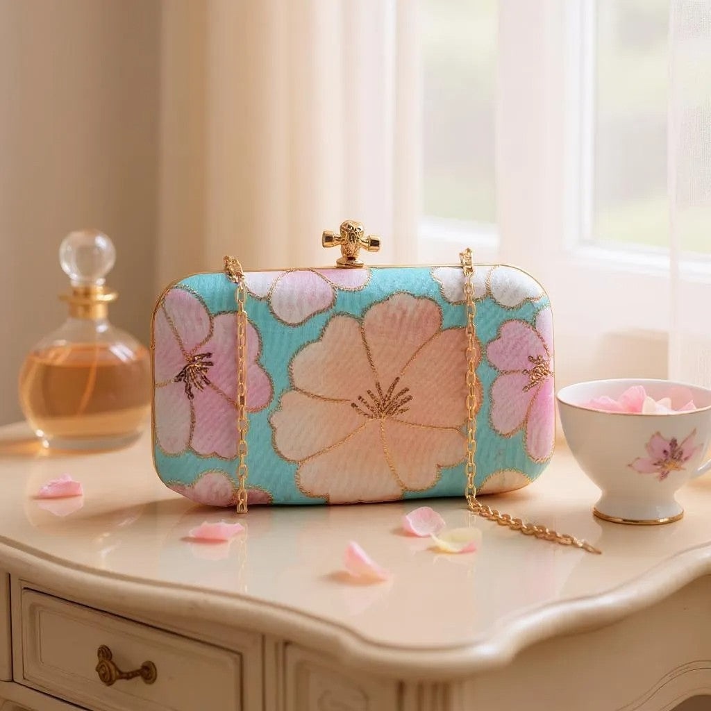 Indian Ethnic Designer Clutch with Ethnic Embroidery of Flower Design