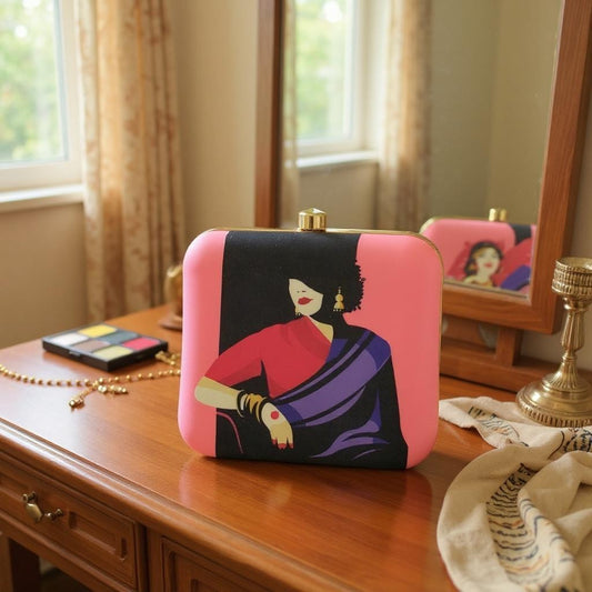 Indian Ethnic Designer Pink Clutch with Women Portrait in Purple Saree