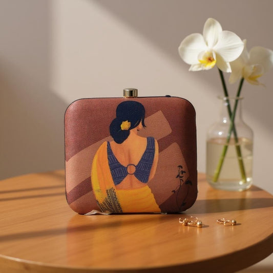 Indian Ethnic Designer Brown Clutch with Sitting Women Portrait