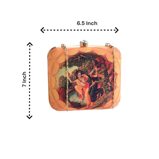 Indian Ethnic Designer Clutch with Radha Krishna on Swing Portrait
