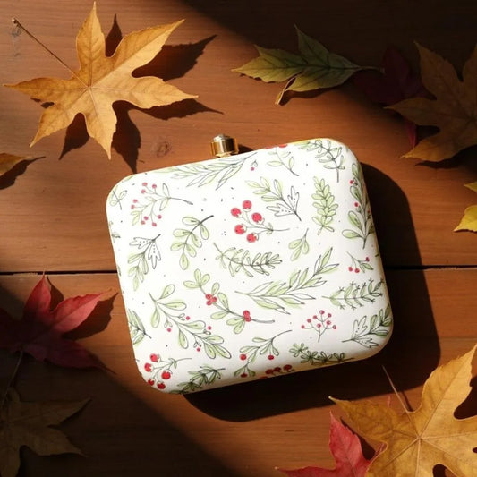Indian Ethnic Designer Cream Clutch with Cherry & leaf Design