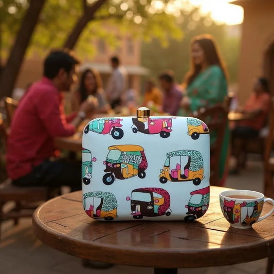 Indian Ethnic Designer Powder Blue Clutch with Auto Rickshaw Print