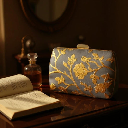 Indian Ethnic Designer Gray Clutch with Golden Floral Design