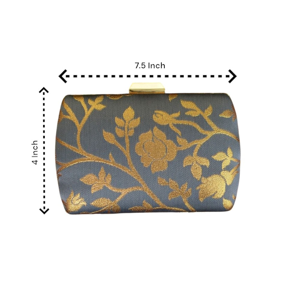 Indian Ethnic Designer Gray Clutch with Golden Floral Design