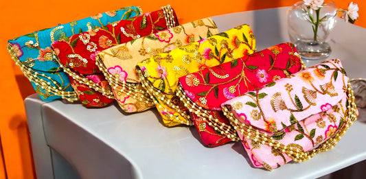 Embroidered Silk Clutch with Pearl Belt , Set of 5