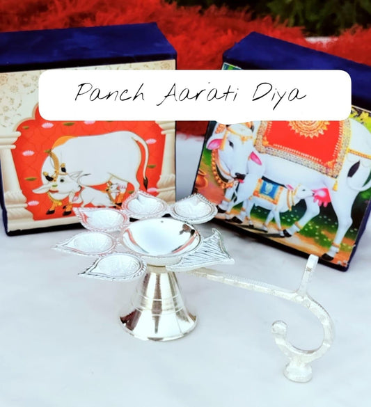 German Silver Panch Aarati Diya for Puja In Velvet Box