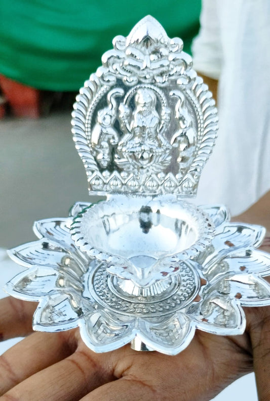 German Silver Laxmi on Lotus Diya with Stand