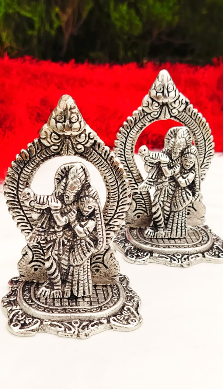 Antique Finish German Silver Radha Krishna with Arch - Krishna Janmashtami Gift/Favors